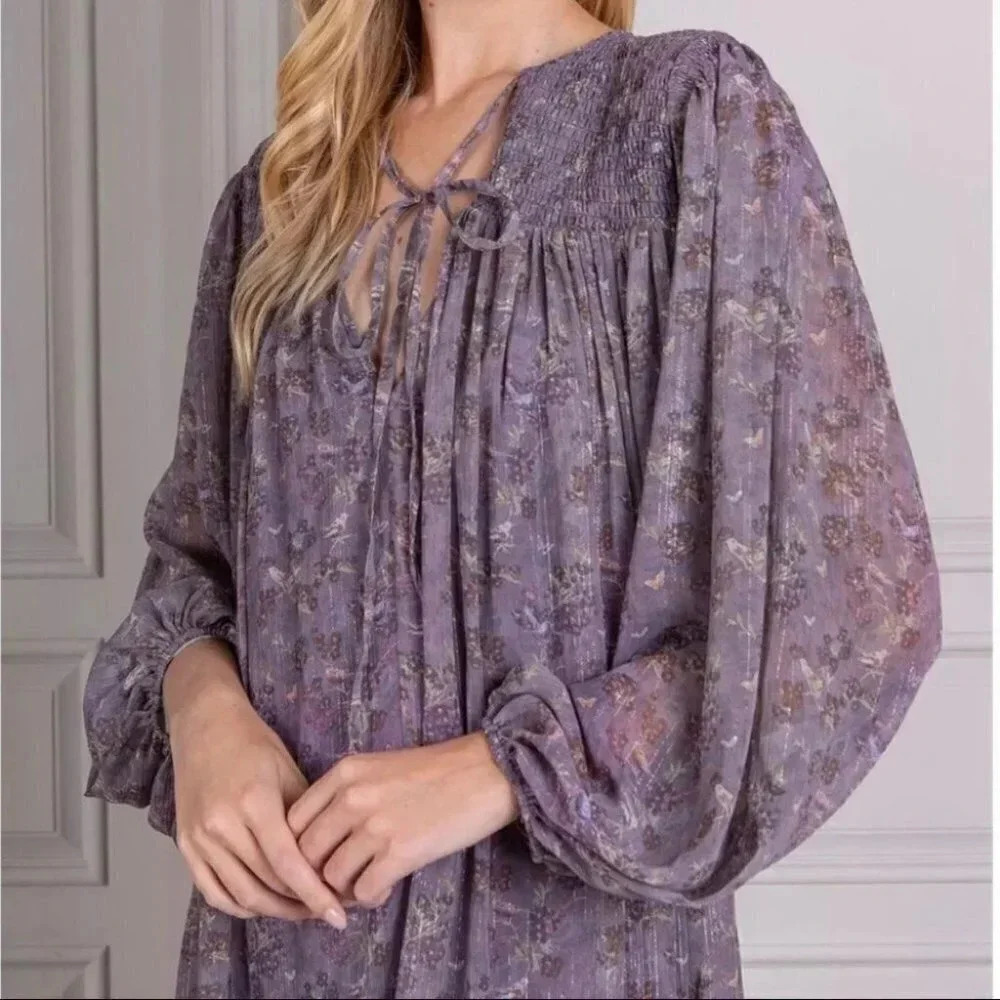 NEW Senlis Purple Bird Puff Sleeve Maxi Dress - Picture 3 of 4